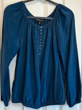 Fifteen Twenty Silk Blouse S Teal Elastic Waist 1/4 Button EUC